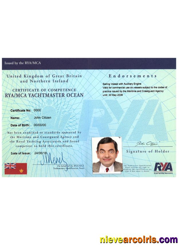 United Kingdom RYA Yachtmaster Certificates of Competence